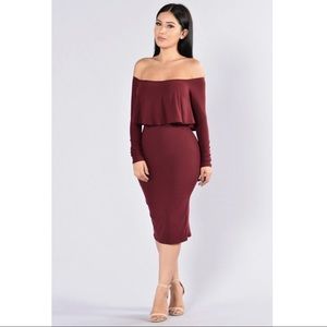 Fashion Nova Burgundy Off the Shoulder Dress